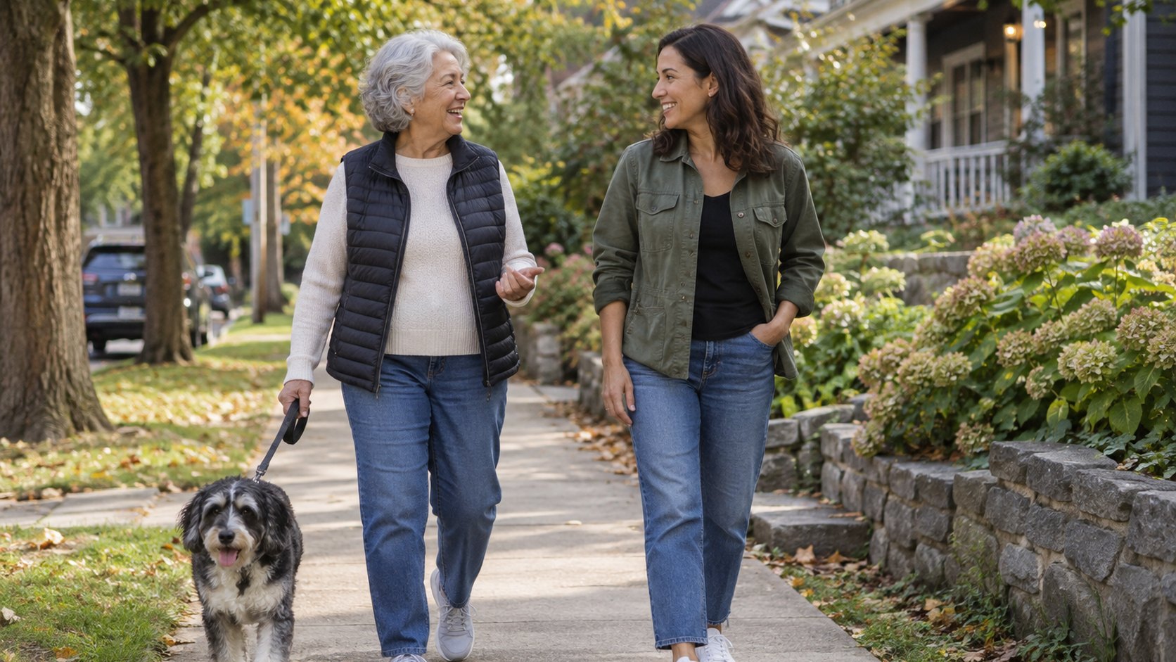 A woman and her adult daughter walk together on a neighborhood path.