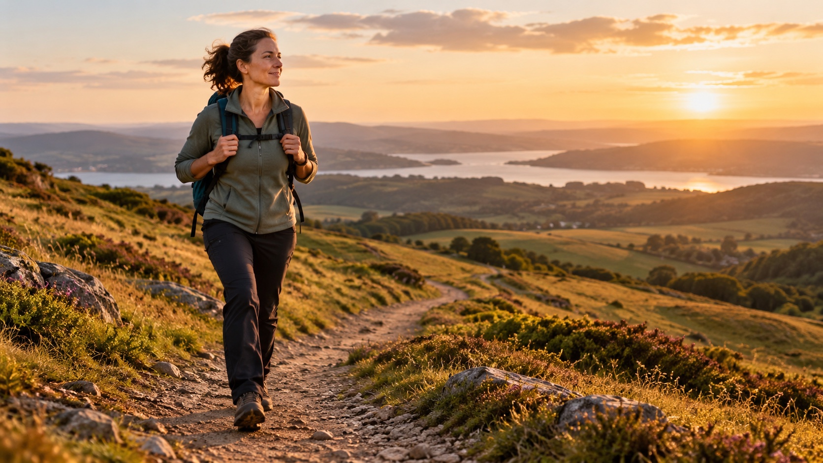 A hiker walks a rolling trail at golden hour.