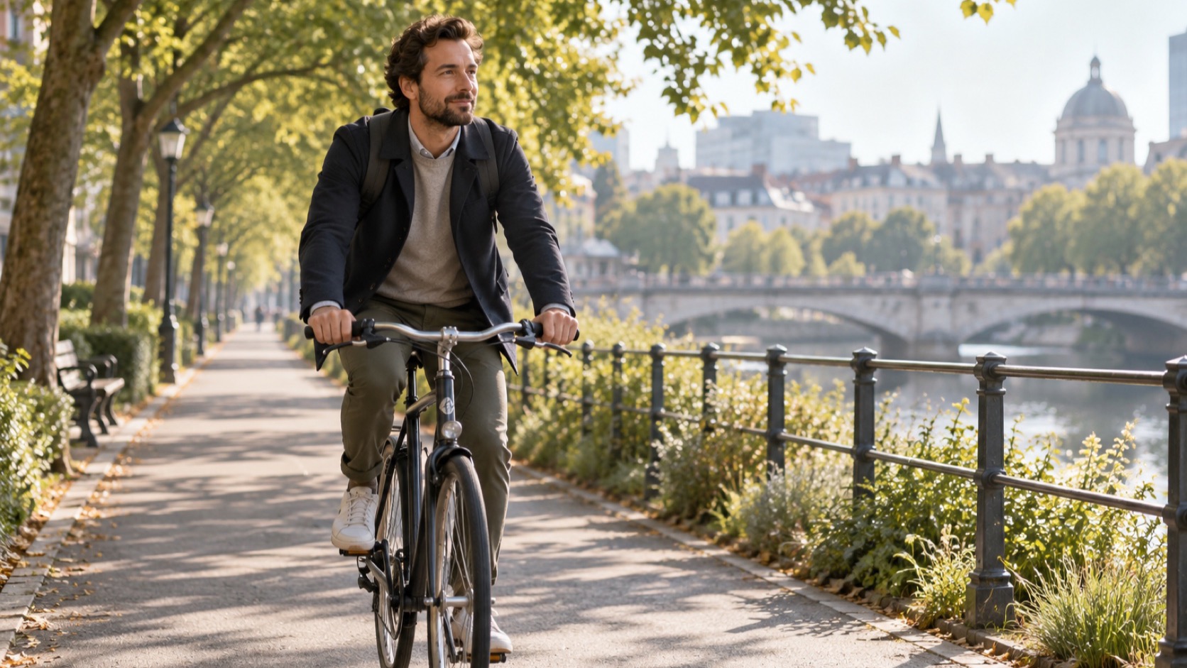 An adult cycles along a tree-lined path in morning light.