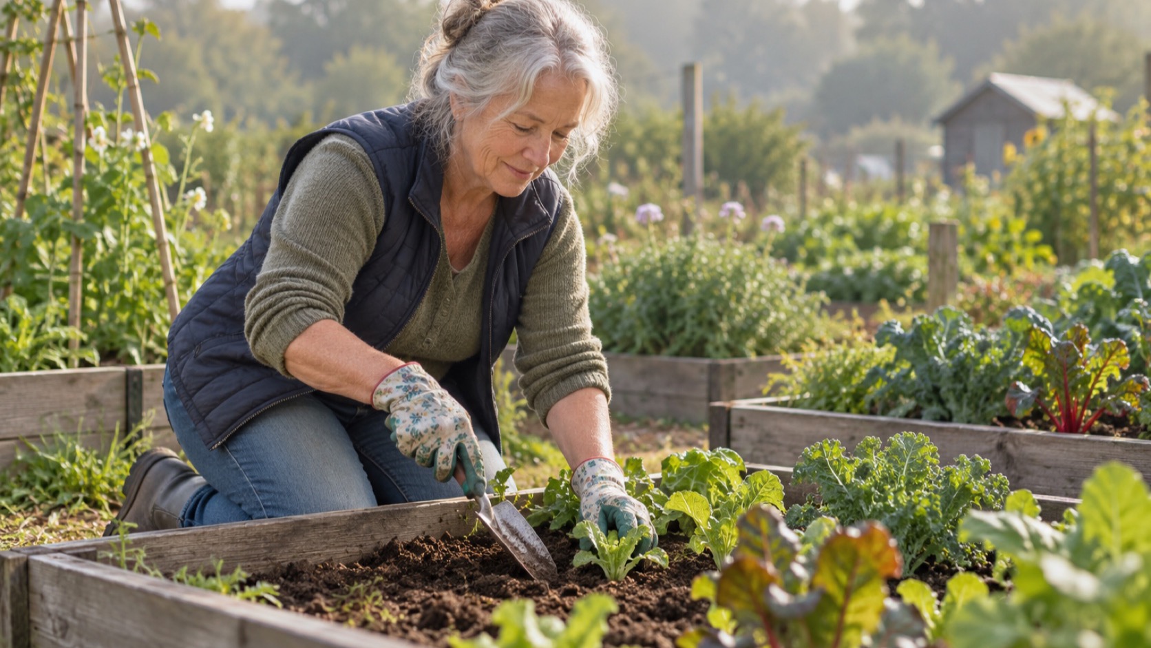 An older woman gardens beside raised beds in morning light.
