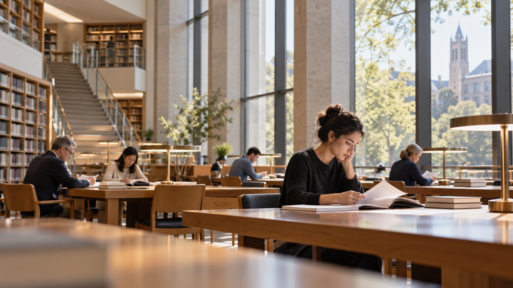 Researchers read at desks in a quiet library reading room.