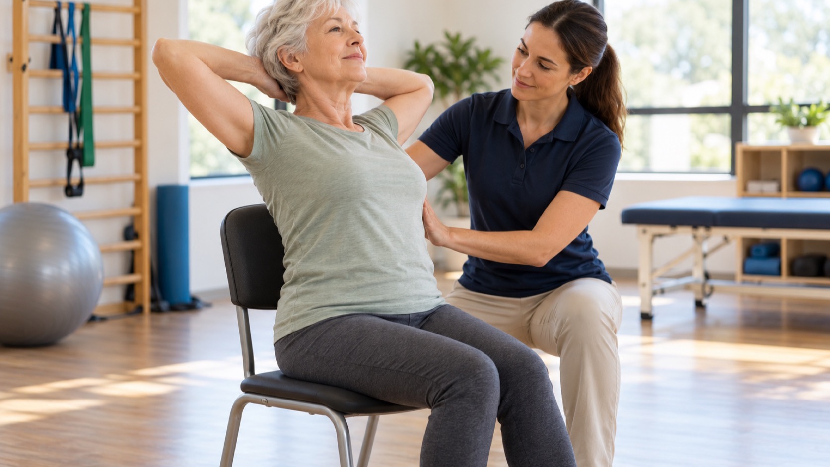 A physiotherapist guides an older adult through a gentle exercise.