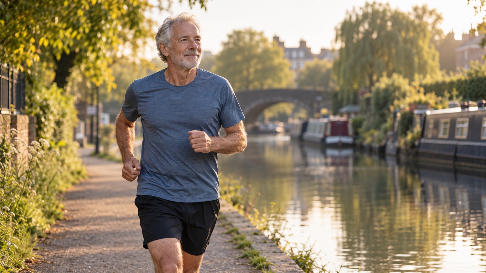 An older man jogs easily along a canal path.
