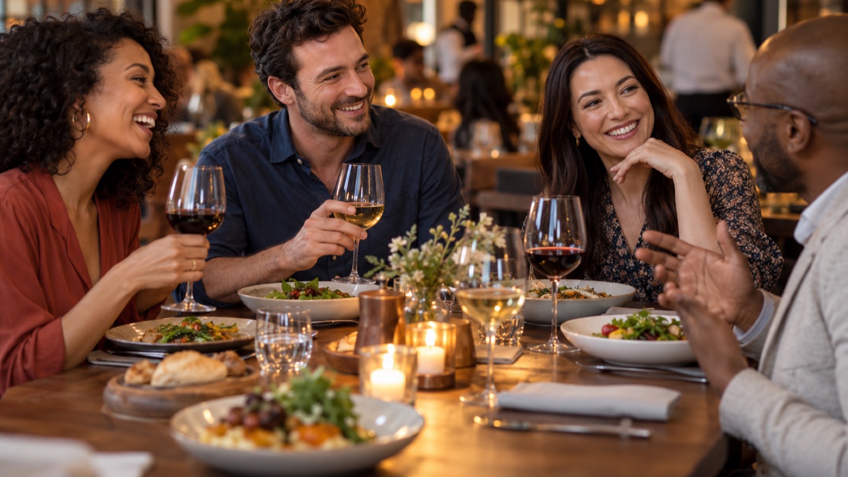 Friends share a restaurant meal with wine on the table.