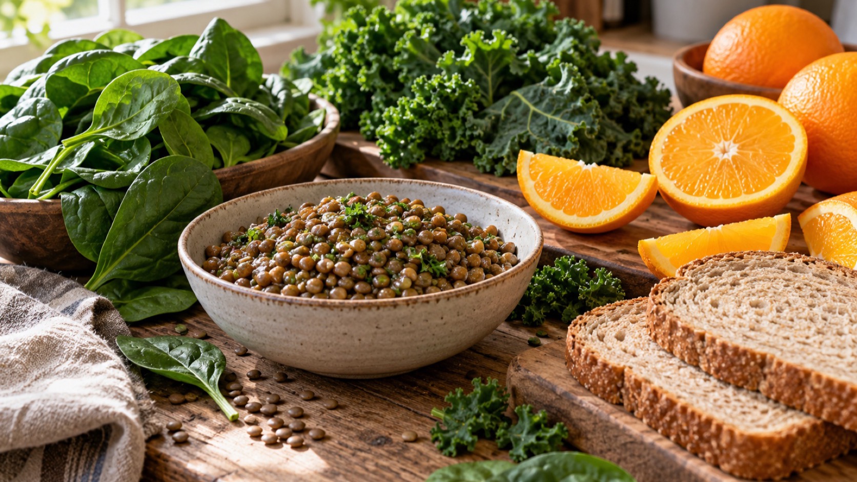 Folate-rich foods are arranged on a kitchen counter.