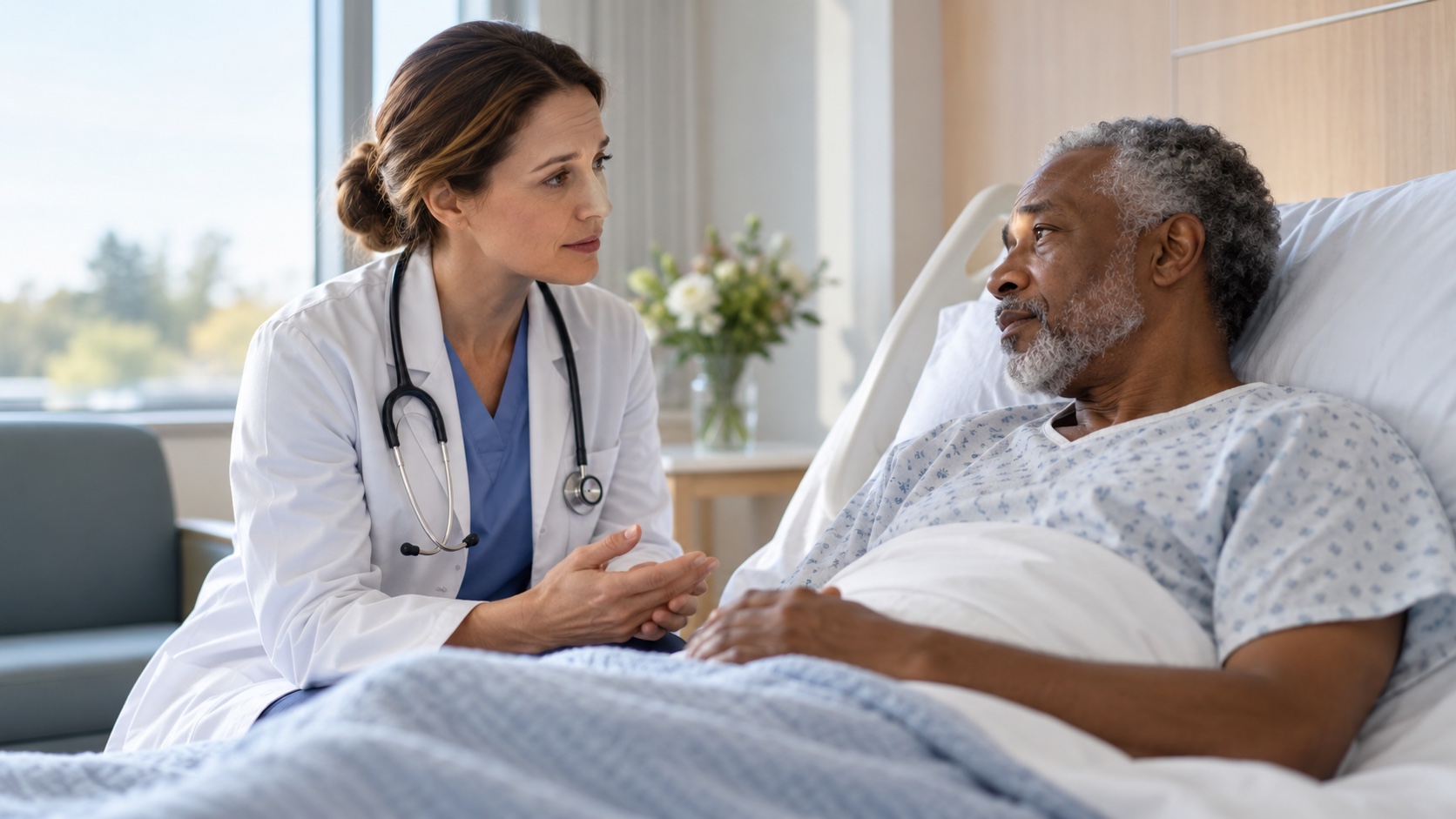 A clinician speaks with a patient at a hospital bedside.