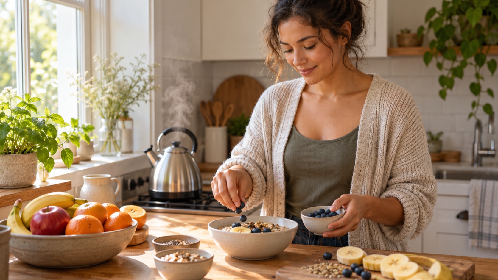 A person prepares breakfast in a bright kitchen.