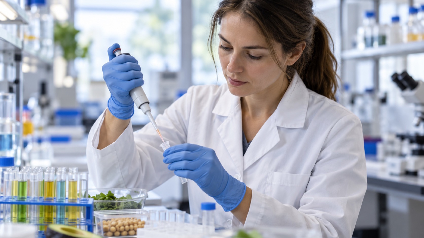 A researcher pipettes a sample at a laboratory bench.