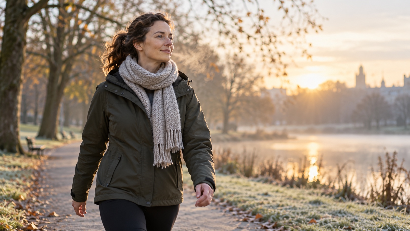 A person walks briskly through a park on a cool morning.