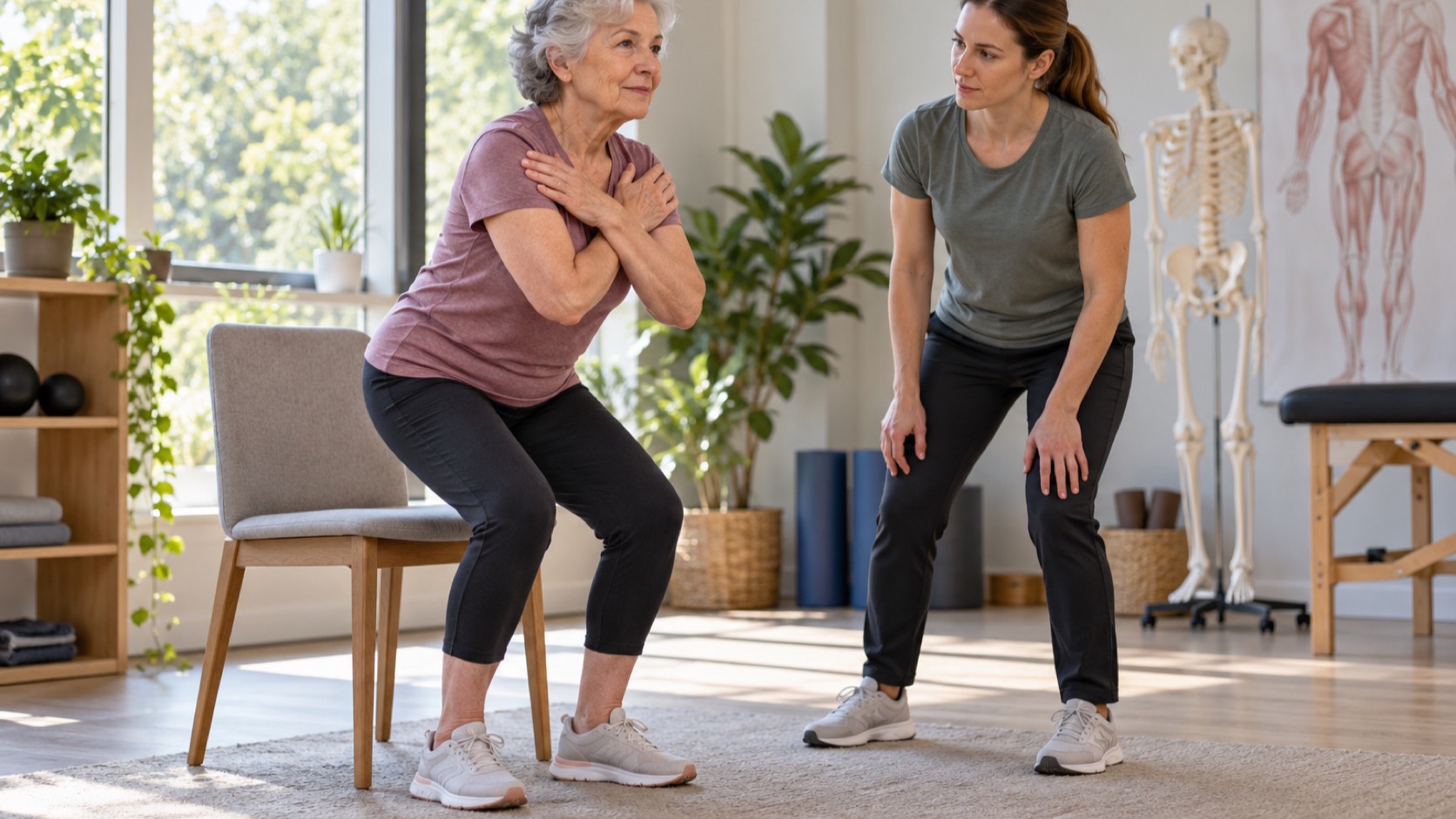 A trainer and an older woman practice chair squats in a studio.