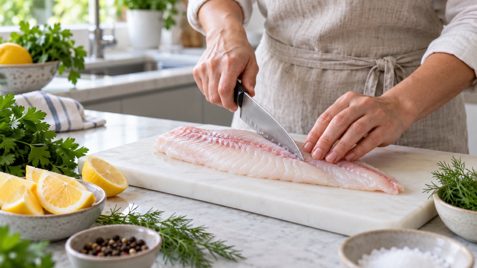 Hands prepare a fish fillet on a cutting board.