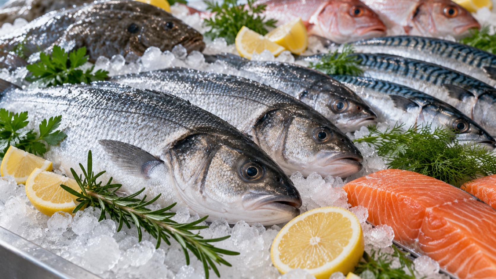 Fresh whole fish and lemons rest on ice at a market counter.