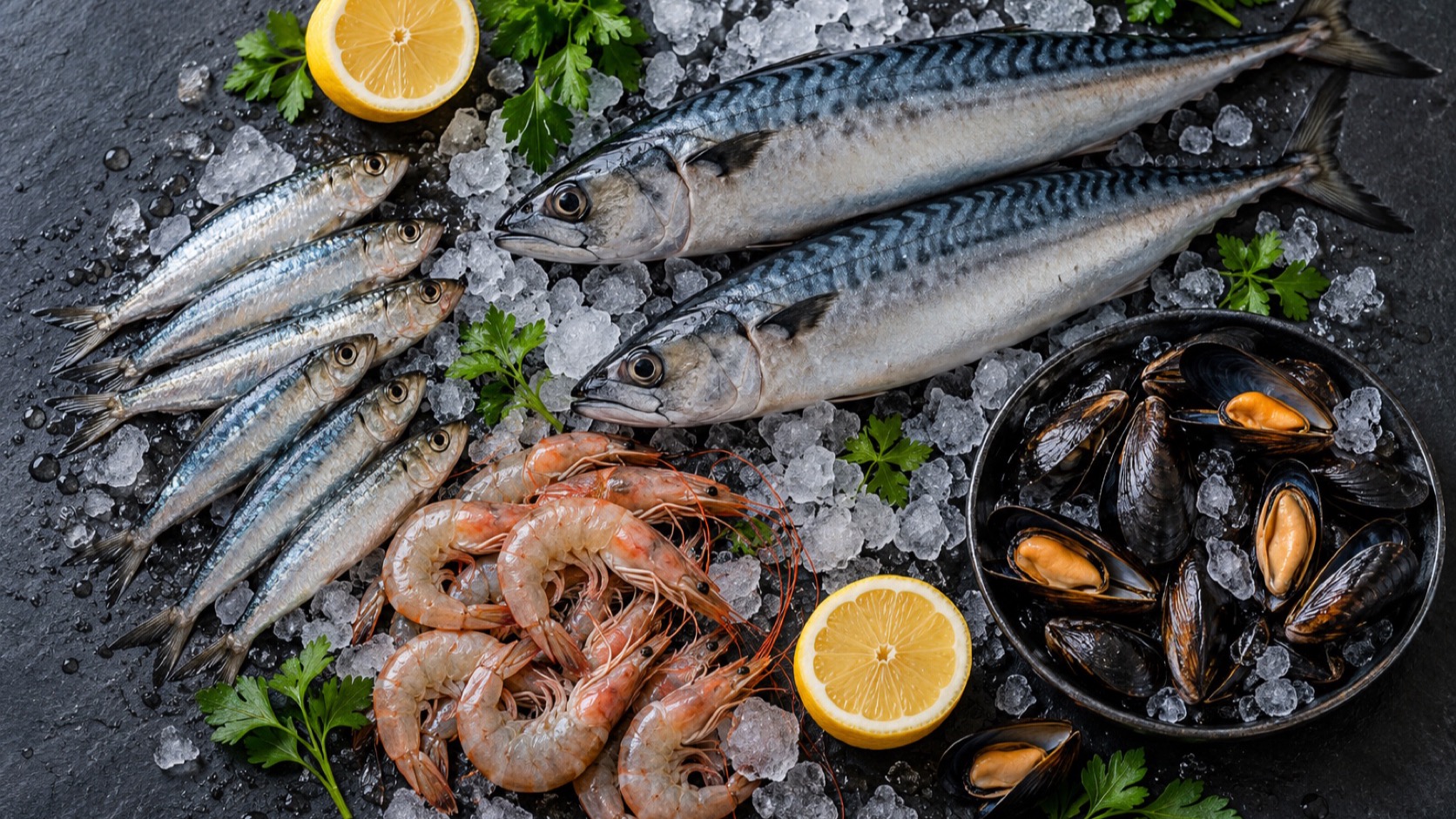Fresh mackerel, sardines, shrimp and mussels sit on ice.