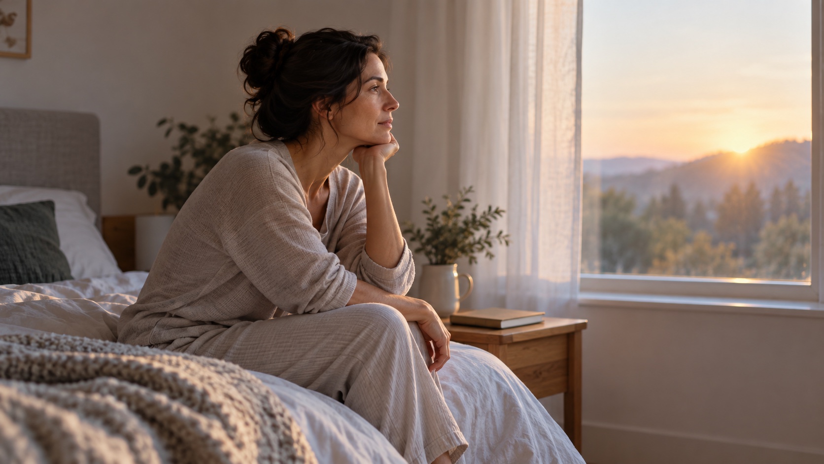 An adult sits on the edge of a bed near a bright window at dawn.