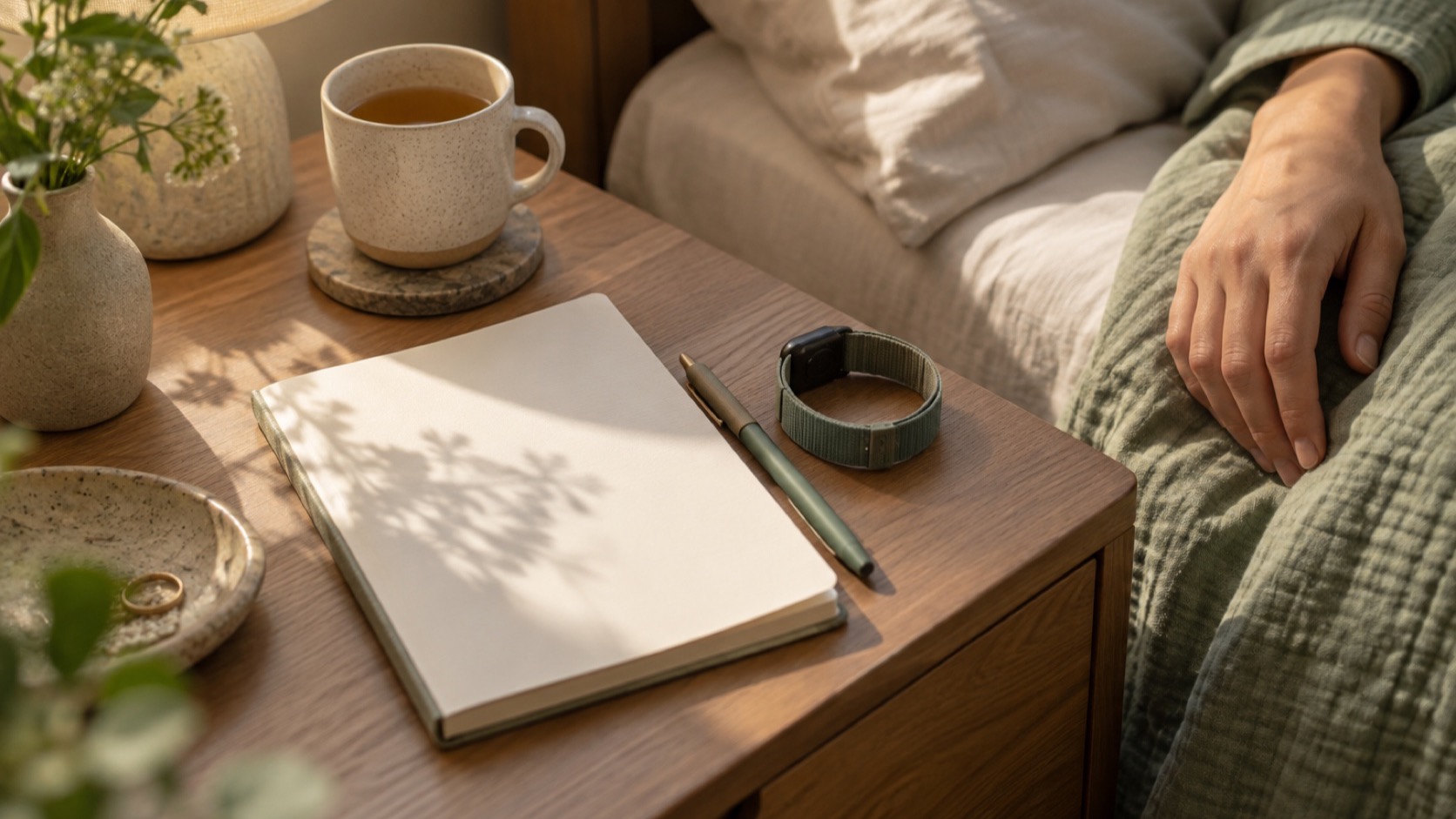 A hand rests beside a paper notebook and a face-down wrist wearable on a bedside table.
