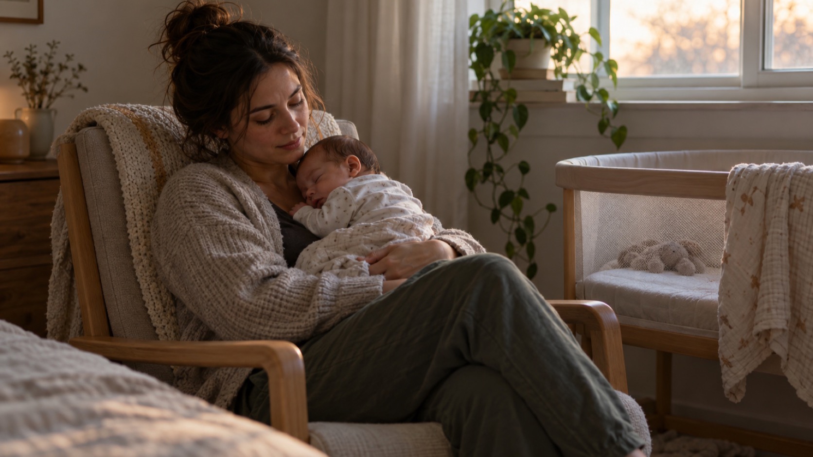A new parent sits beside a bassinet holding a sleeping infant.