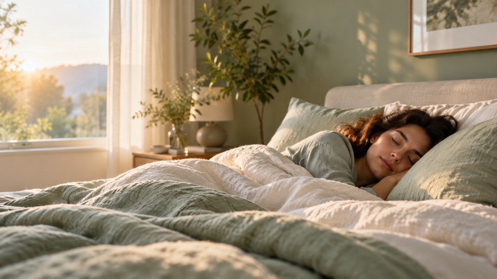 An adult sleeps in a calm bedroom lit by early morning light.