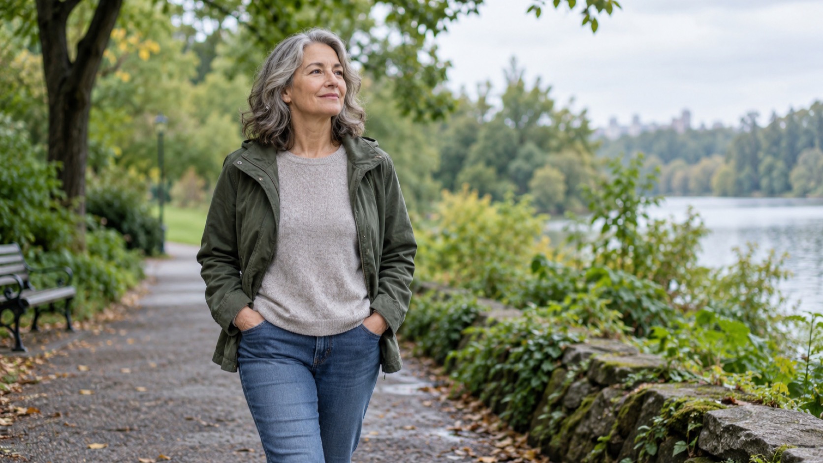 An adult walks along a leafy park path on an overcast morning.