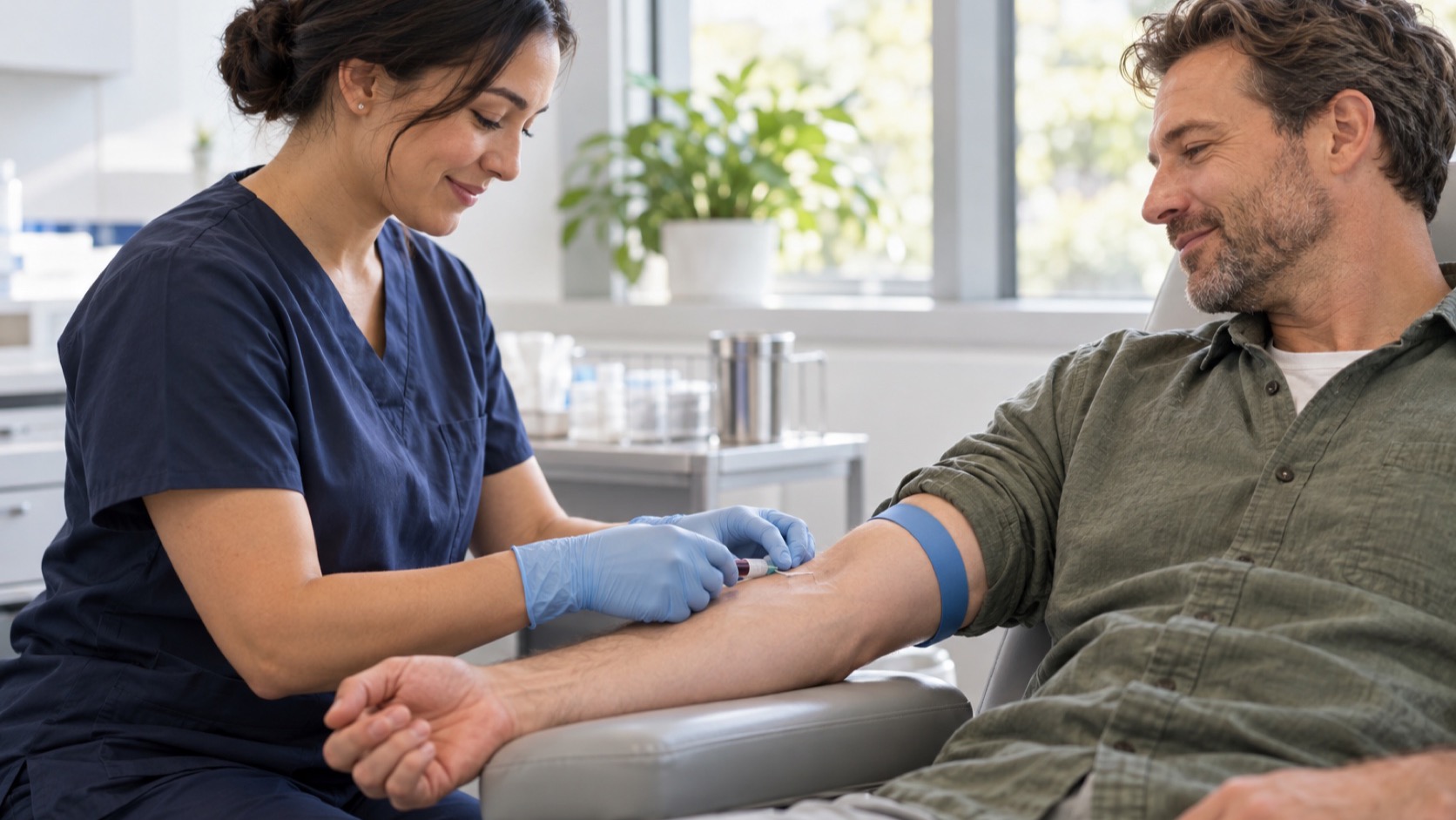 A clinician takes a routine blood sample from an adult in a bright clinic.