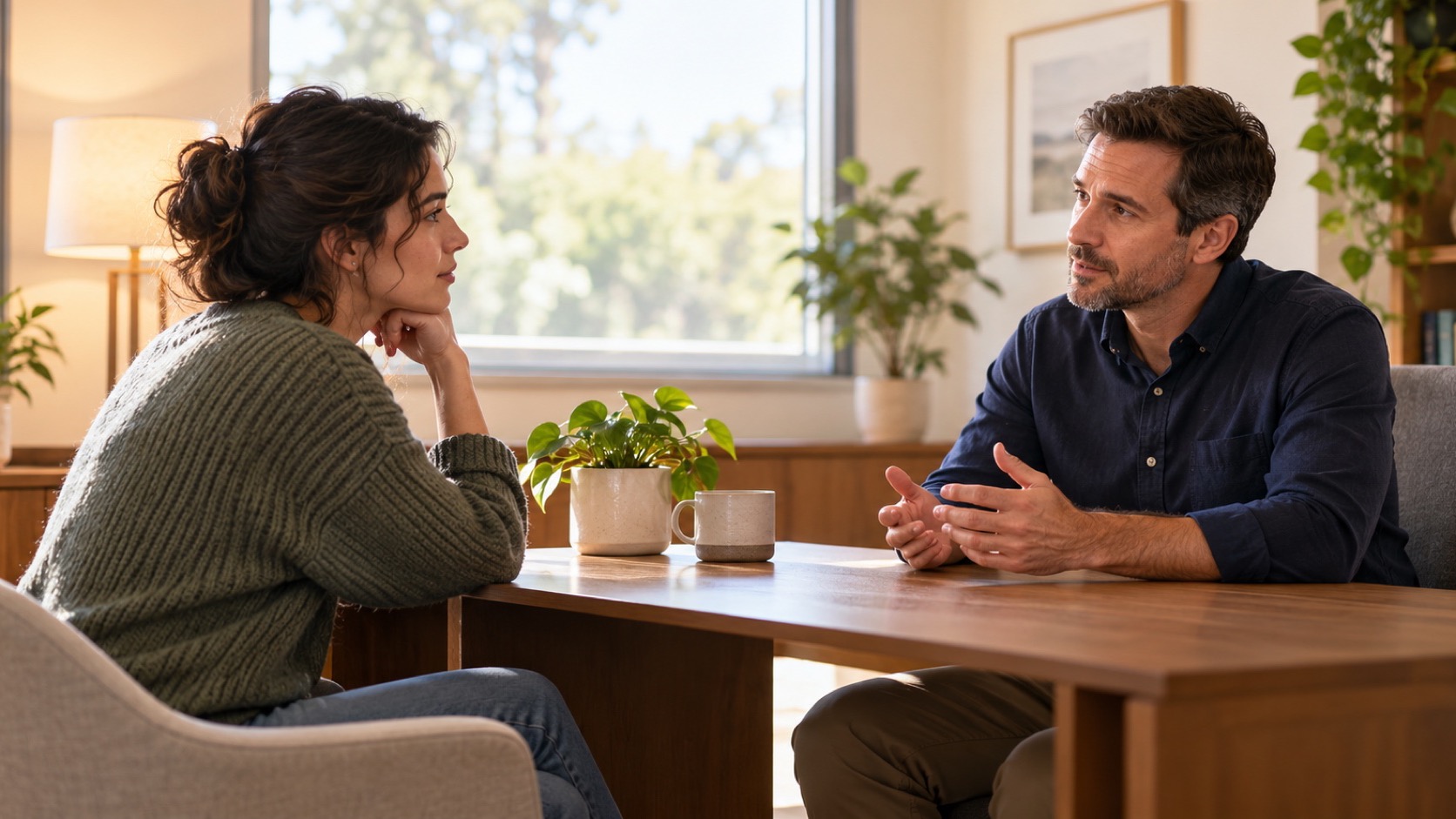 An adult speaks with a clinician in a bright office.