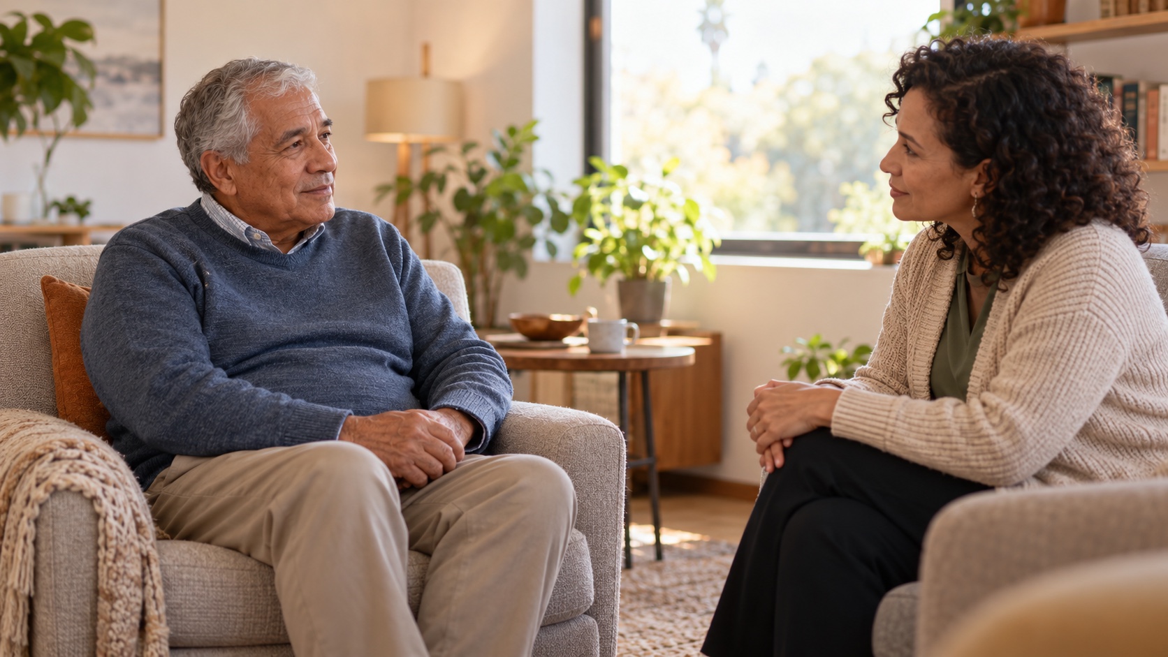 An older adult speaks with a therapist in a warm office.