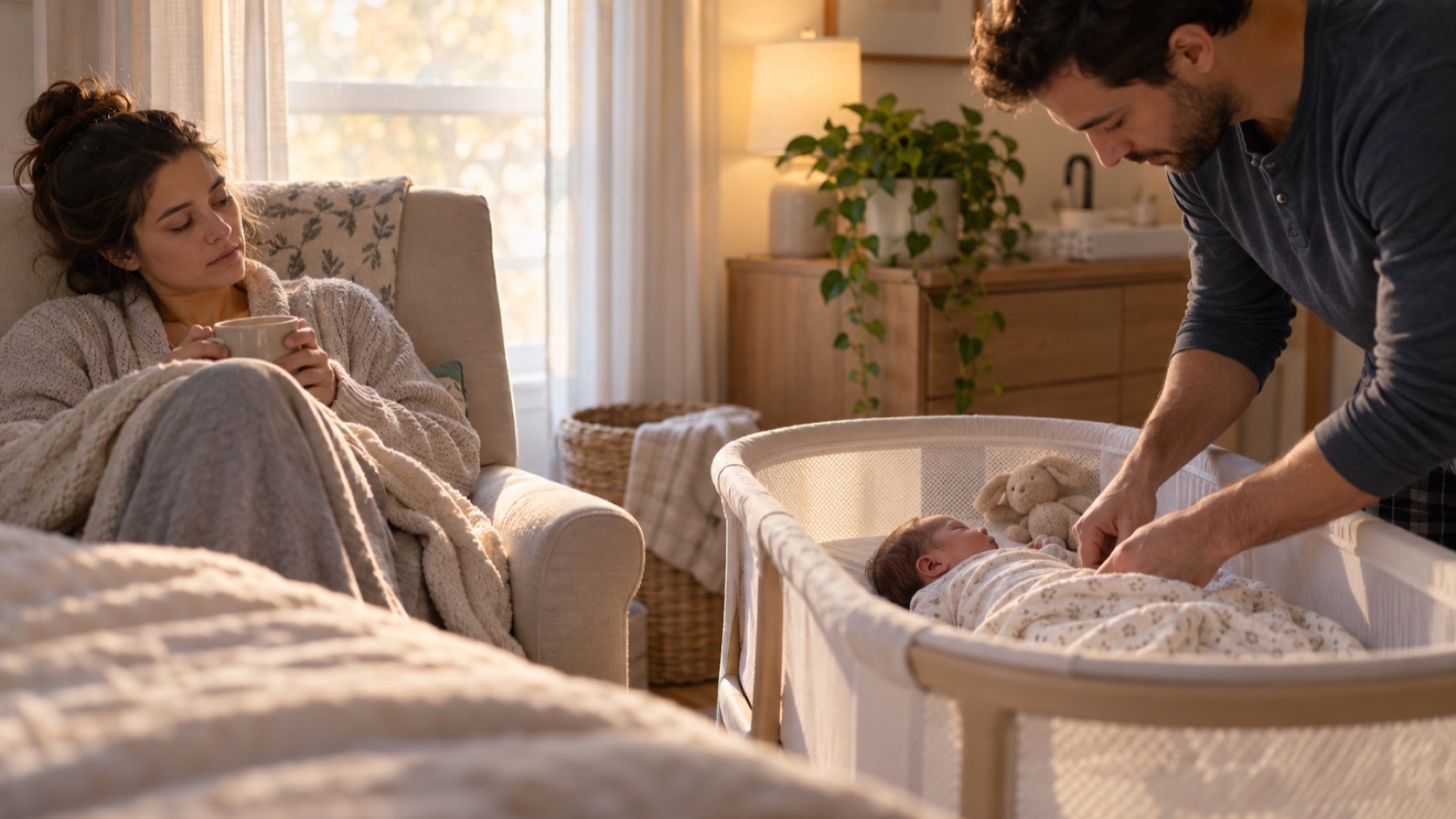 One parent sits beside a bassinet while another settles an infant.