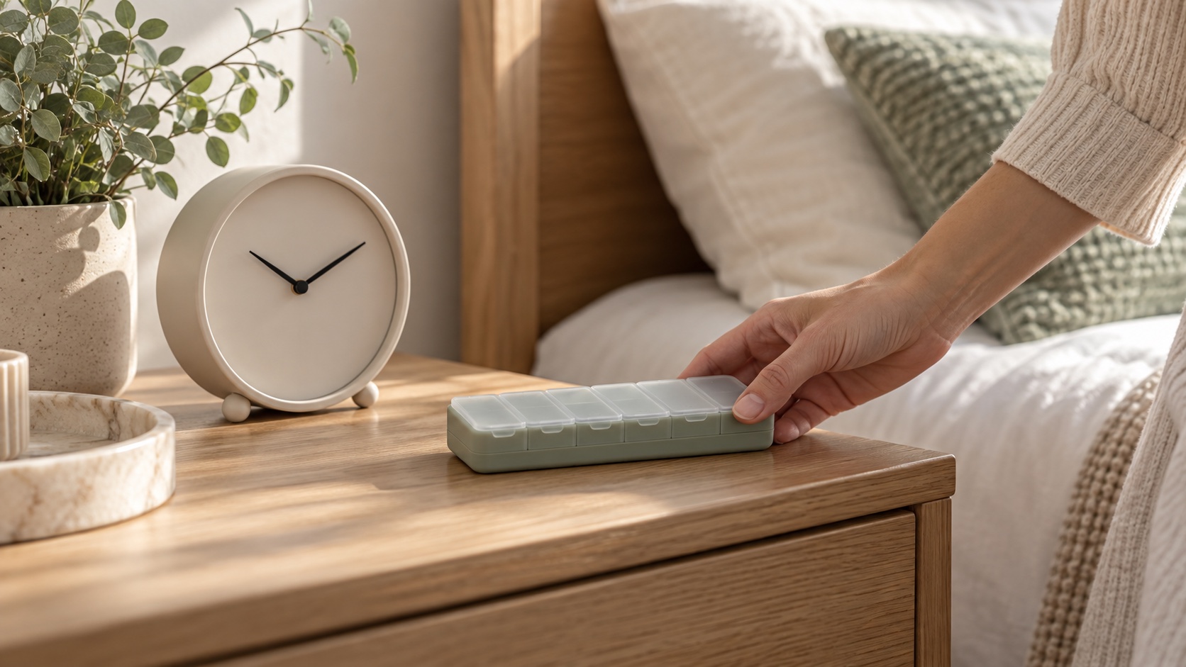 A hand places a plain pill organizer beside an analog clock with no numerals.