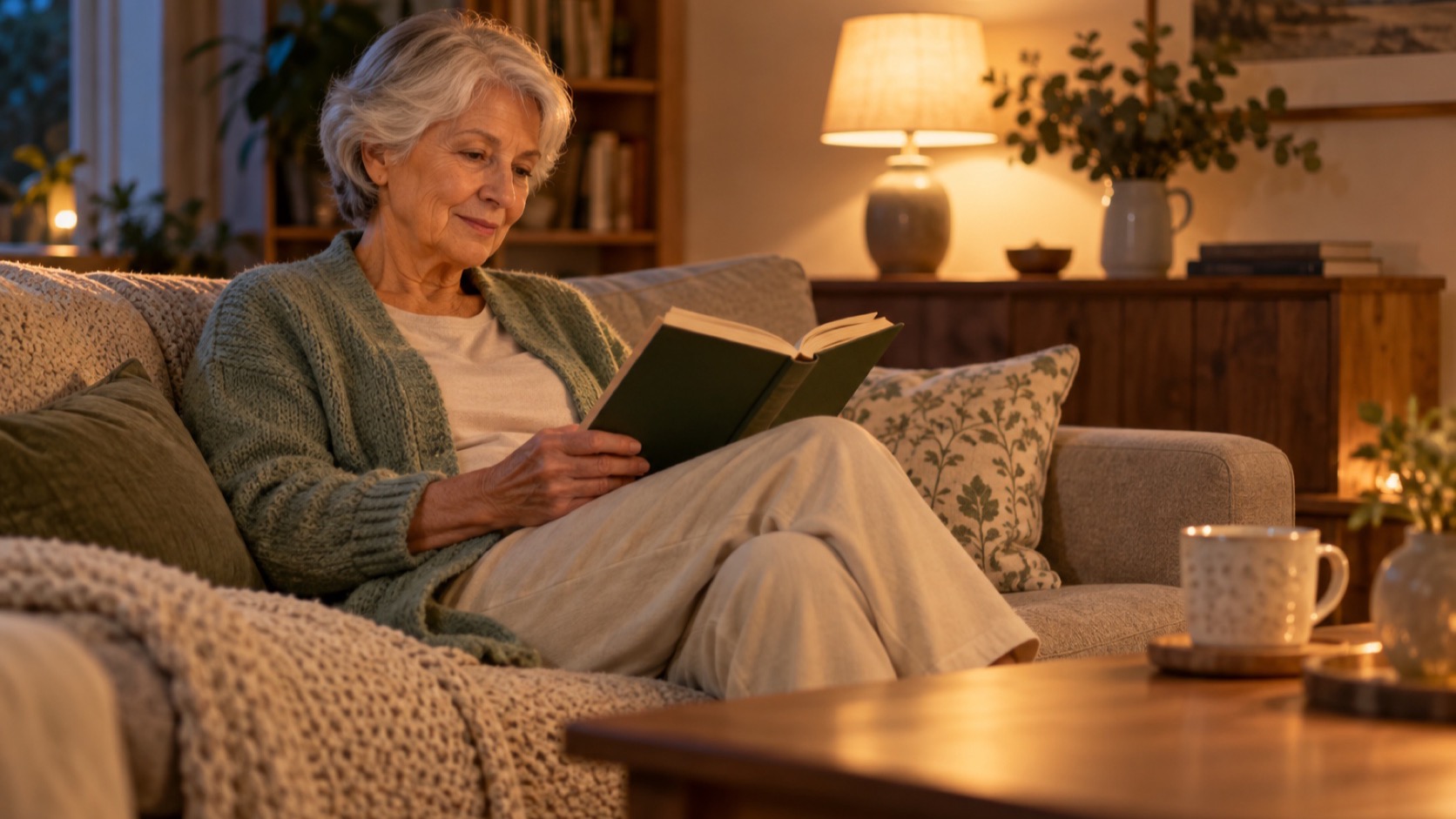 An older adult reads on a sofa under a warm lamp.