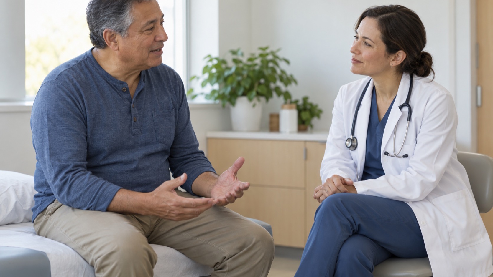 An adult discusses sleep with a clinician.