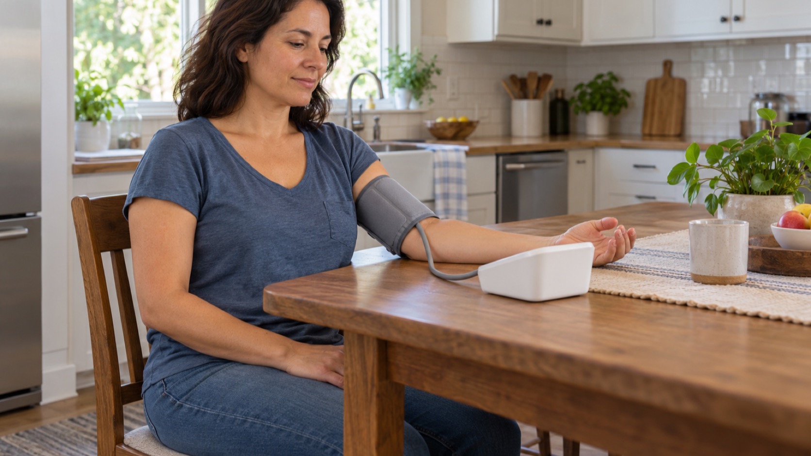 An adult uses an upper-arm blood-pressure cuff at a kitchen table.