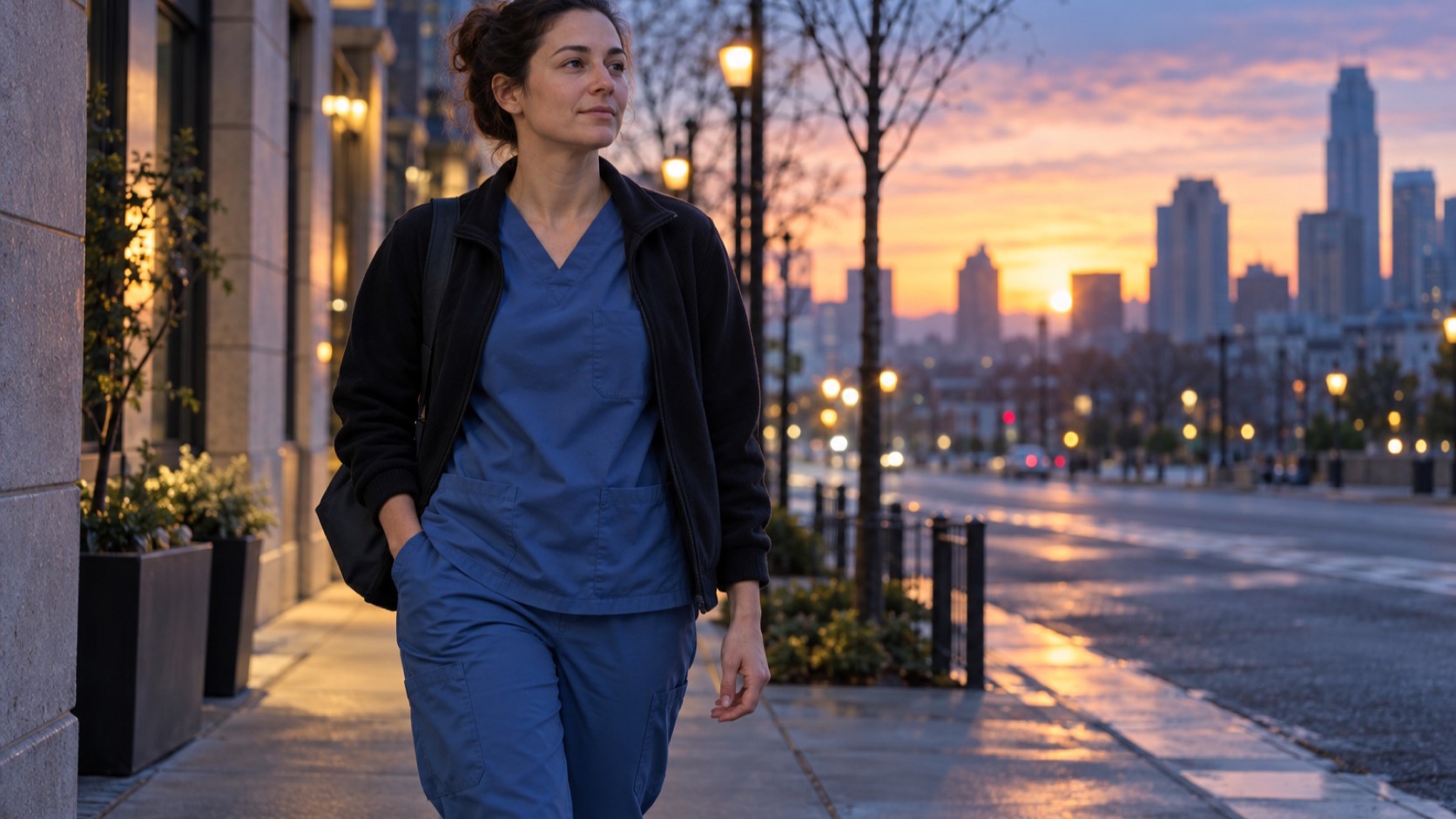 A worker in plain scrubs walks along a city sidewalk at dawn.