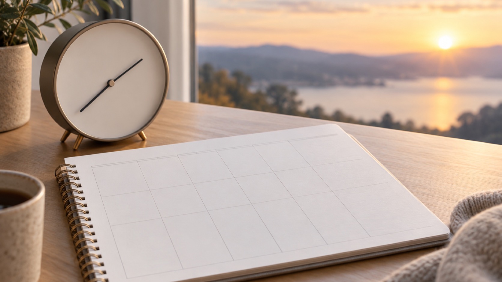 A blank weekly planner and numberless analog clock sit by a dawn-lit window.