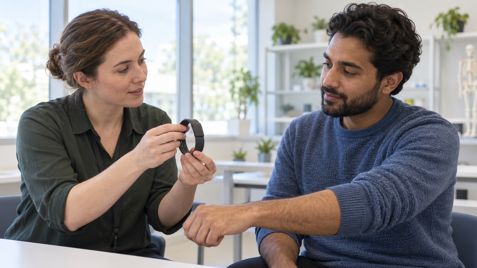 A research staff member shows an adult volunteer a wrist actigraphy band.