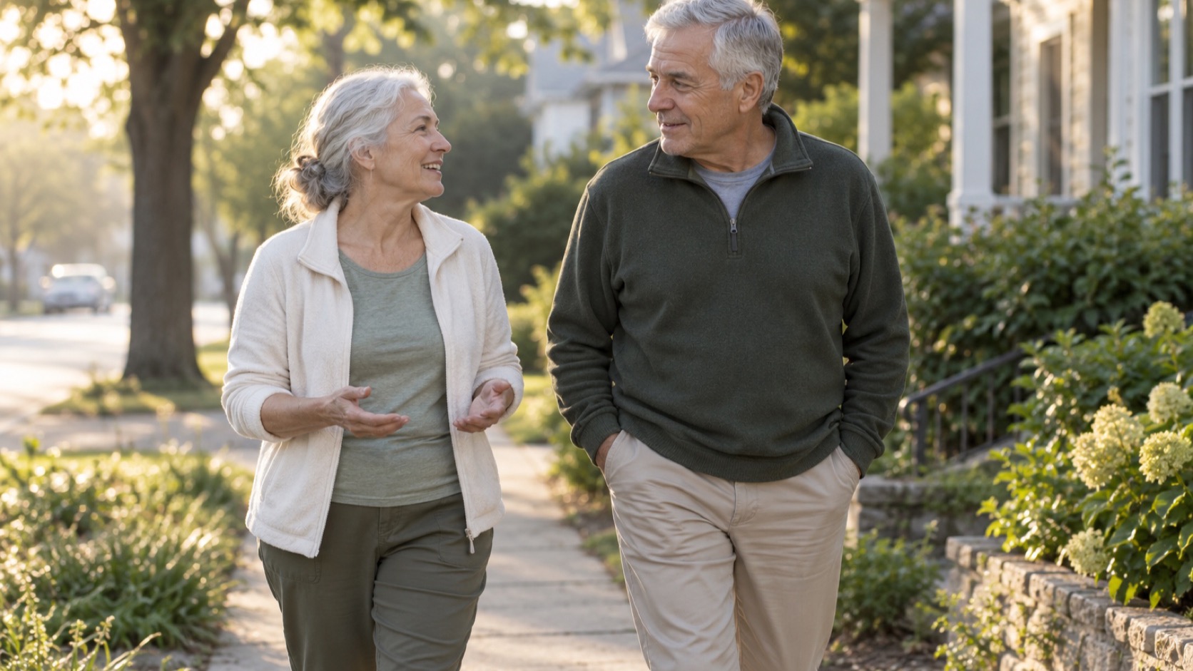 Two older adults walk together on a residential sidewalk at dawn.