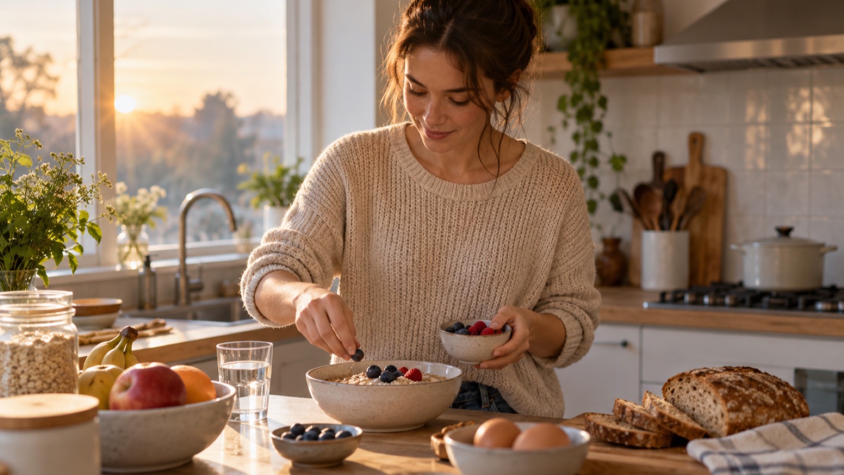 An adult prepares a simple breakfast in a sunlit kitchen.