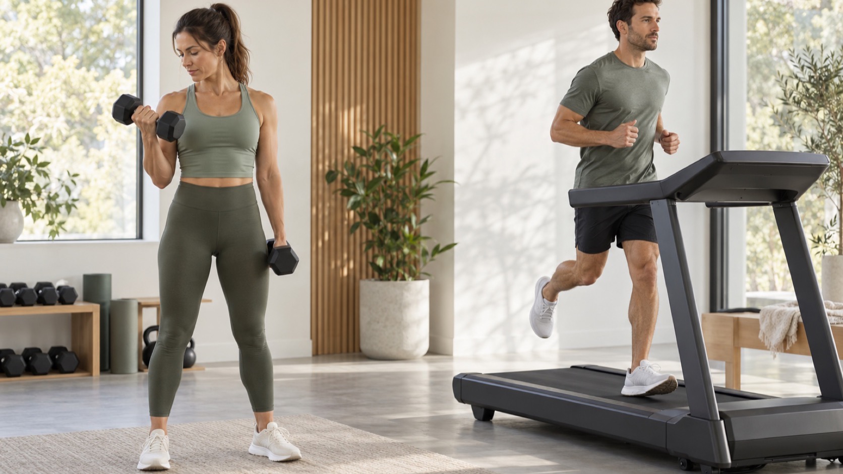 A woman lifts a dumbbell beside a man running on a treadmill in a bright training space.
