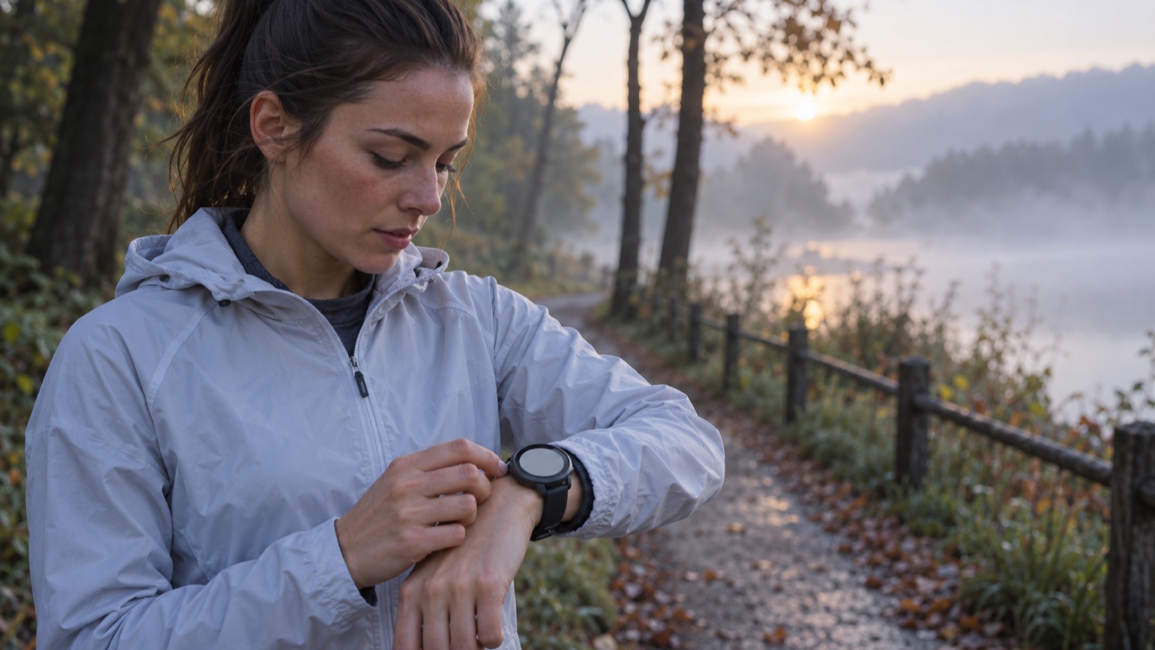 A runner checks a watch with a blank face along a tree-lined path at dawn.
