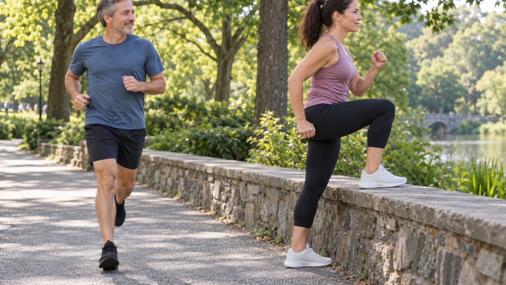 A man jogs past a woman doing step-ups on a low wall in a park.