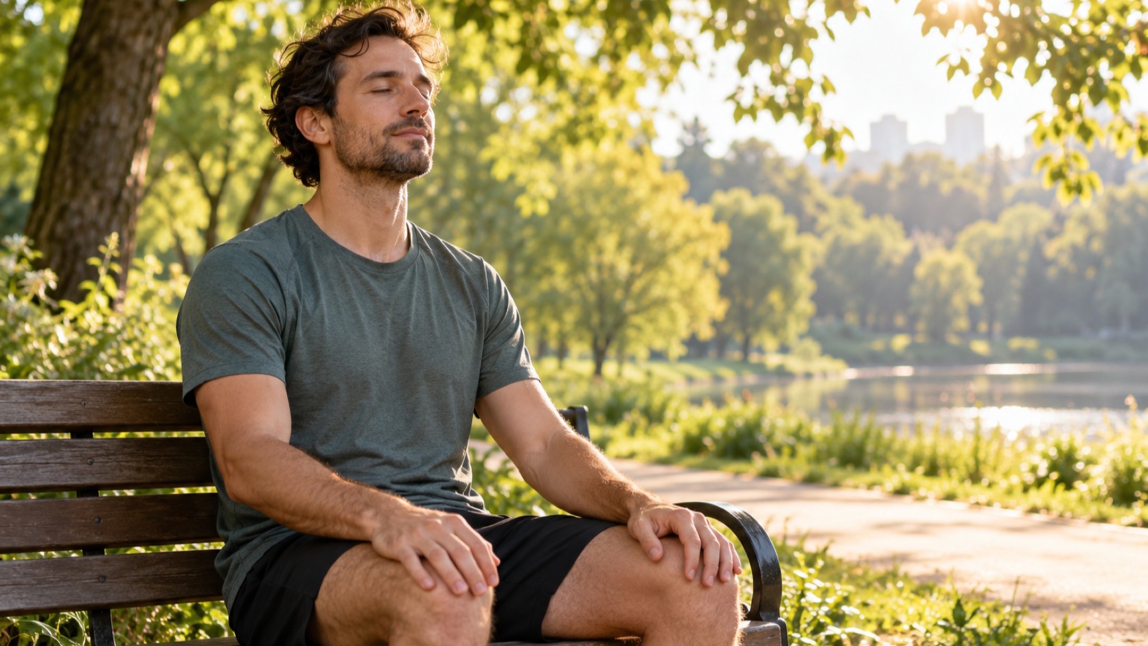 A man sits on a park bench with eyes closed and hands on his knees.