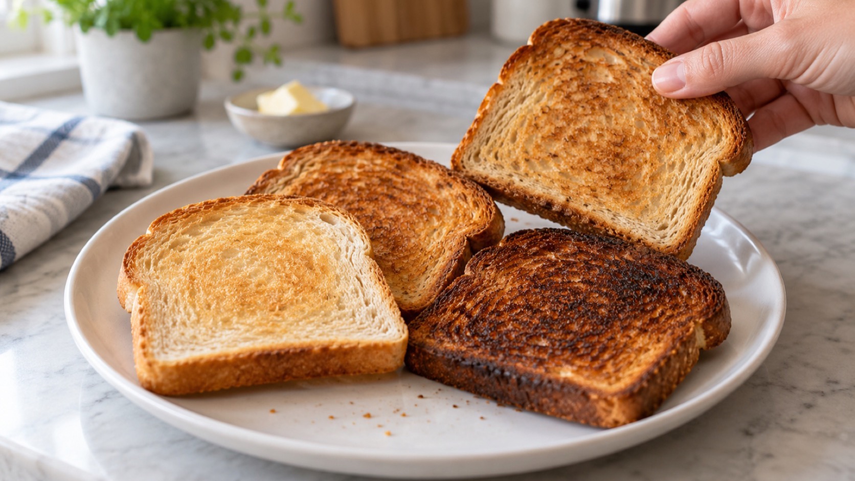 Slices of toast in shades from pale gold to deep brown rest on a plate.