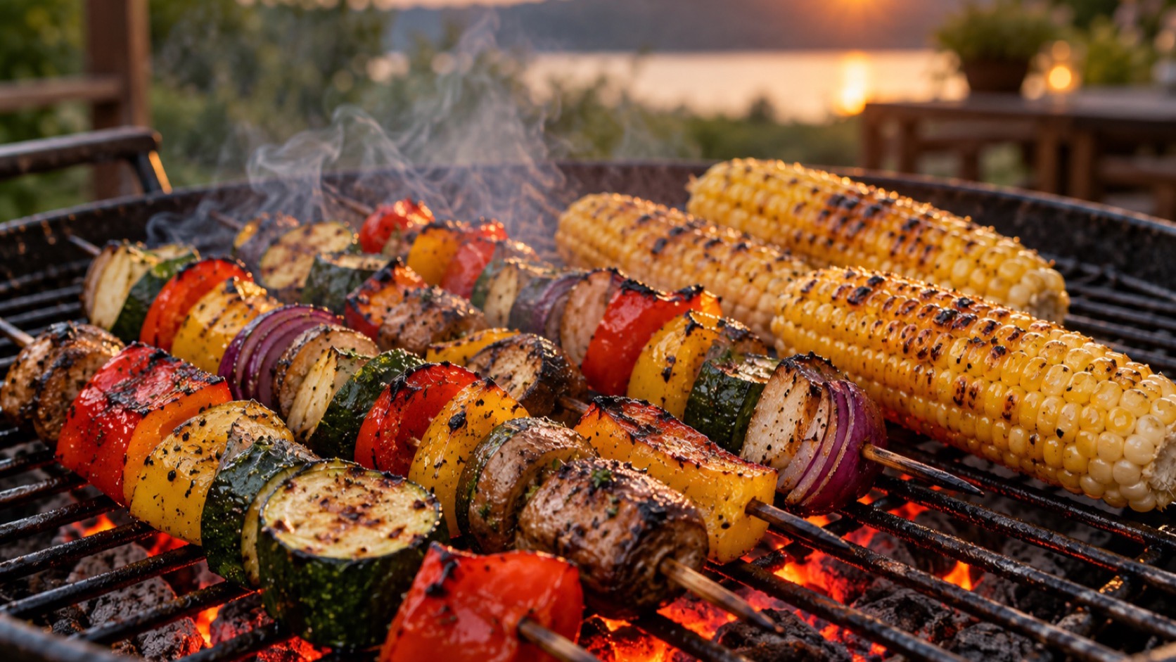 Vegetable skewers grill over glowing coals with light smoke.