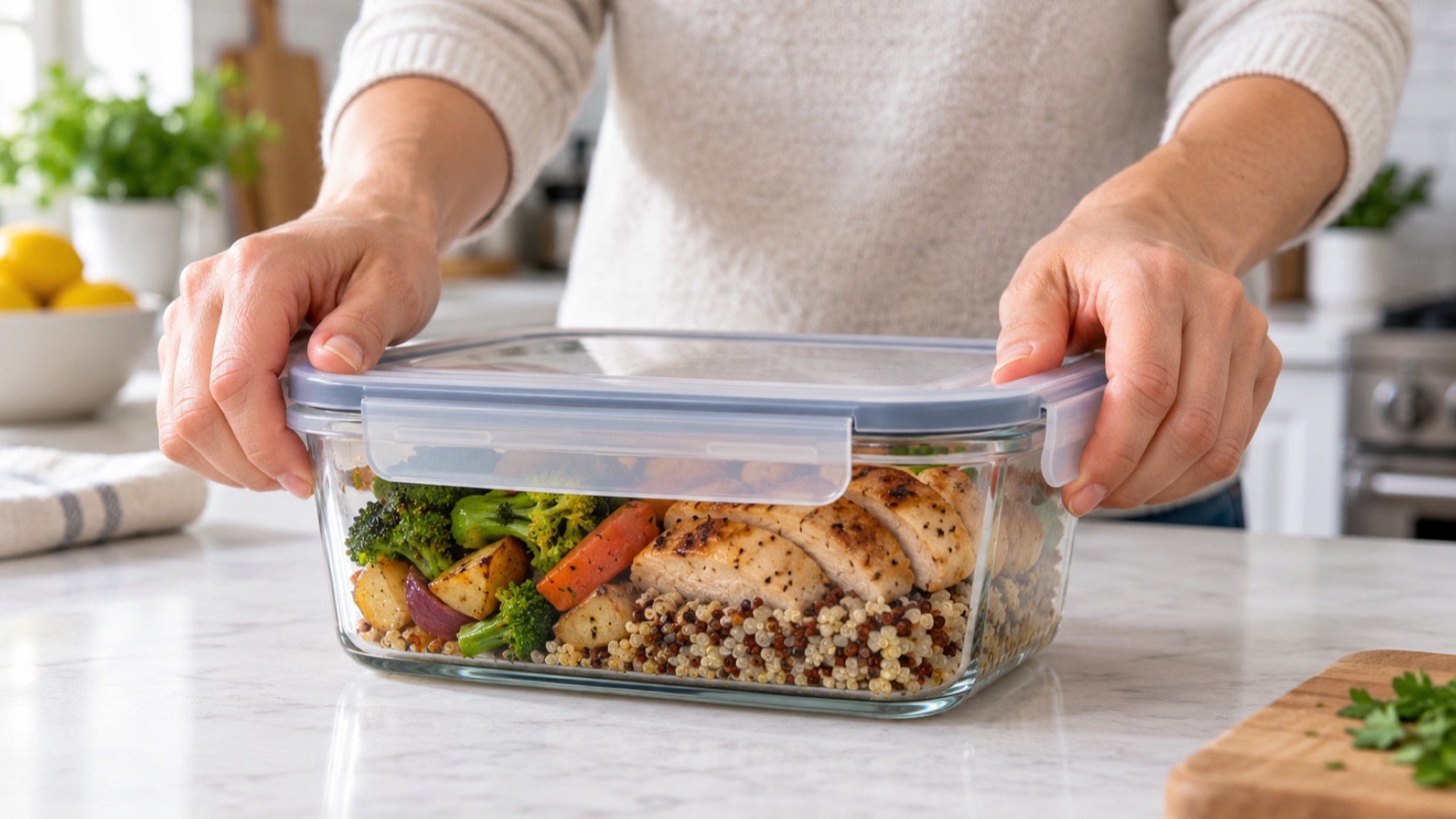 Hands press a lid onto a glass container of leftovers.