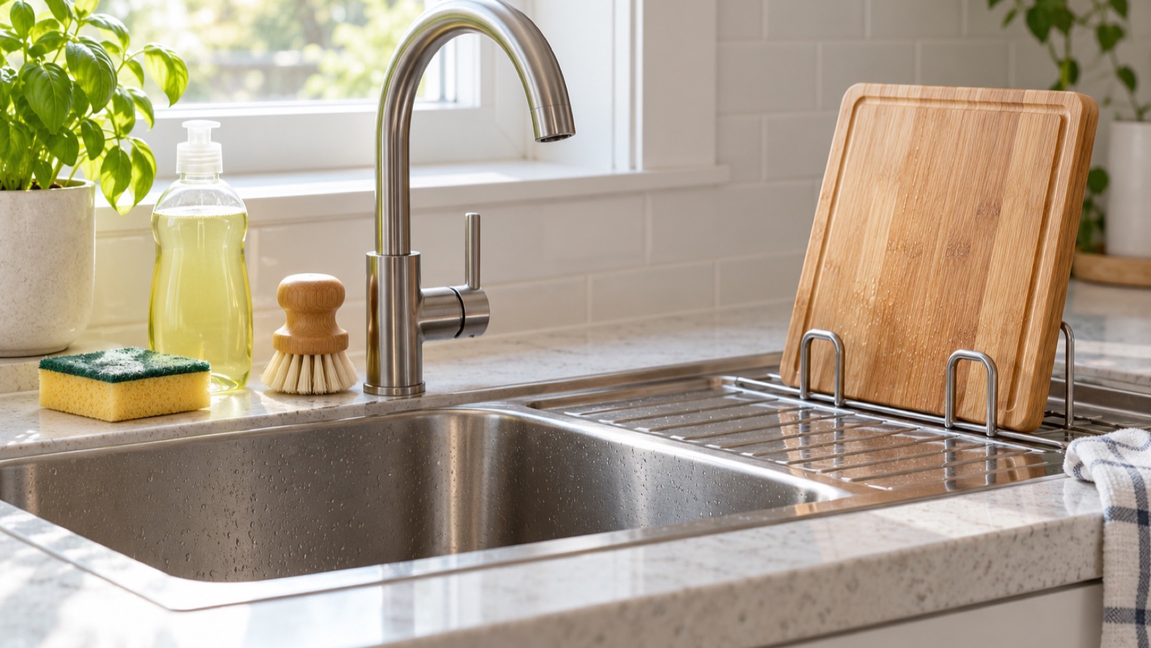 Soap, a sponge, a brush, and a clean cutting board sit by a kitchen sink.