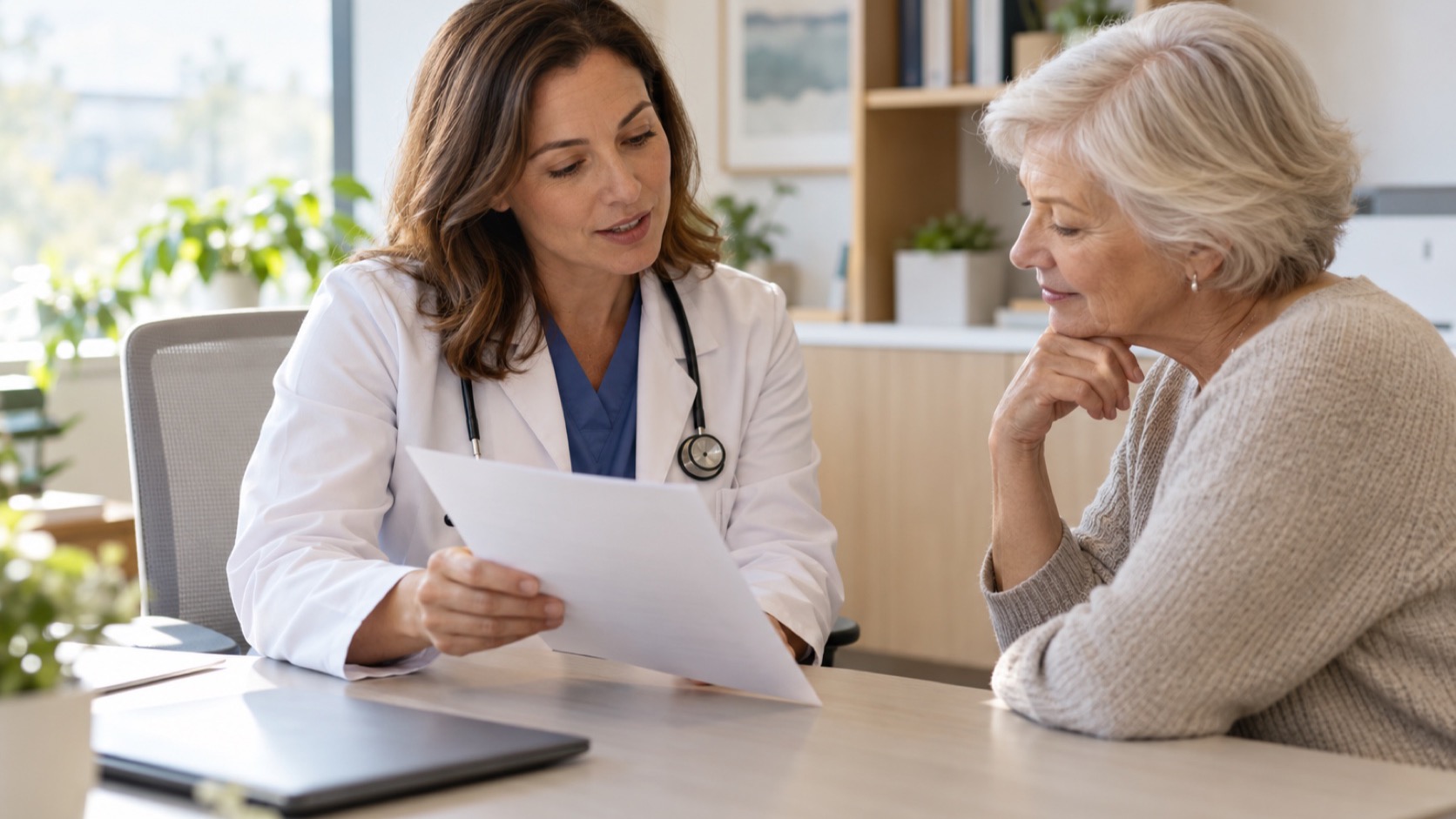 A clinician and an older woman review a page across a desk.