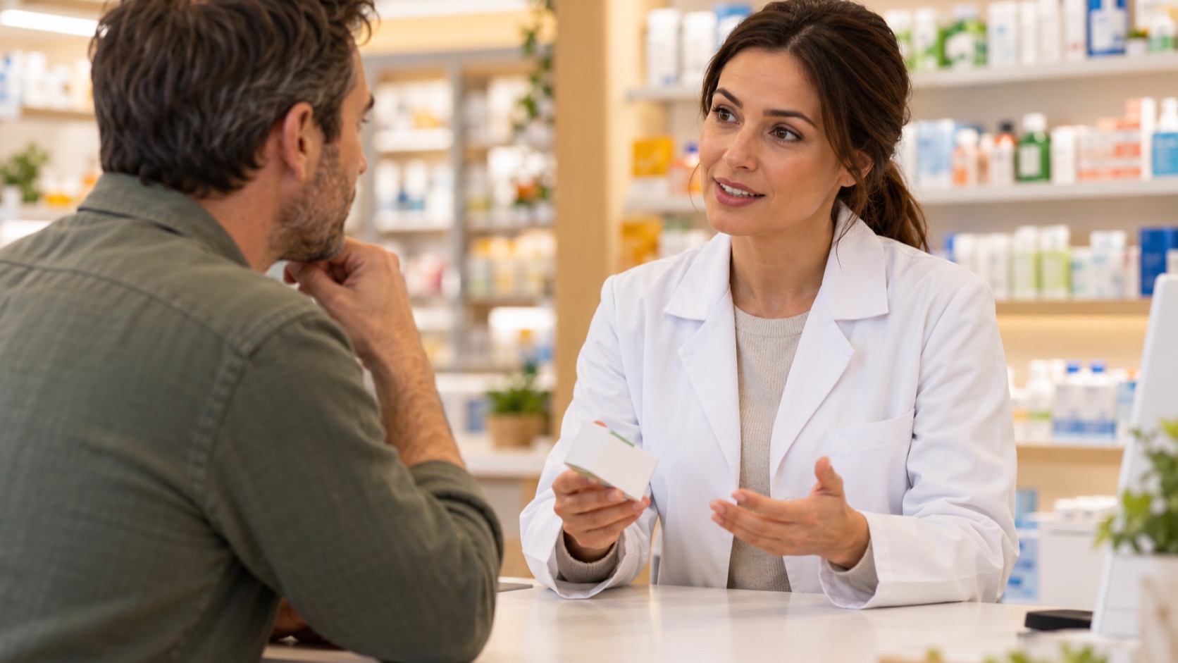 A pharmacist speaks with a man across a pharmacy counter.