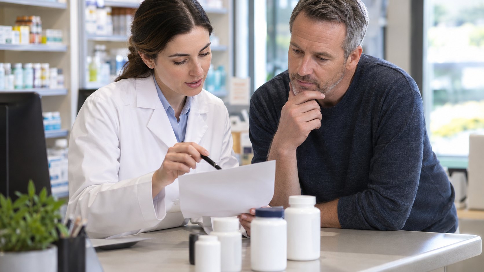A pharmacist and customer review a medication and supplement list at a counter.