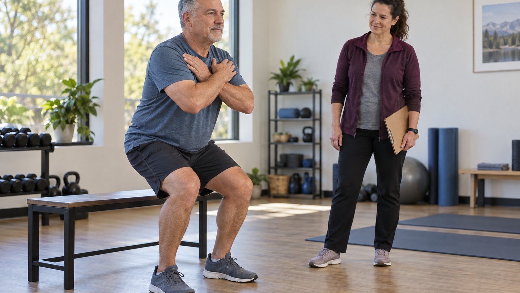 An adult completes a controlled sit-to-stand in a community fitness room.