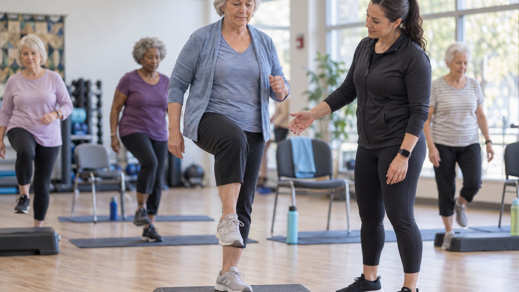 A woman practices a controlled step-up in a community exercise class with an instructor nearby.