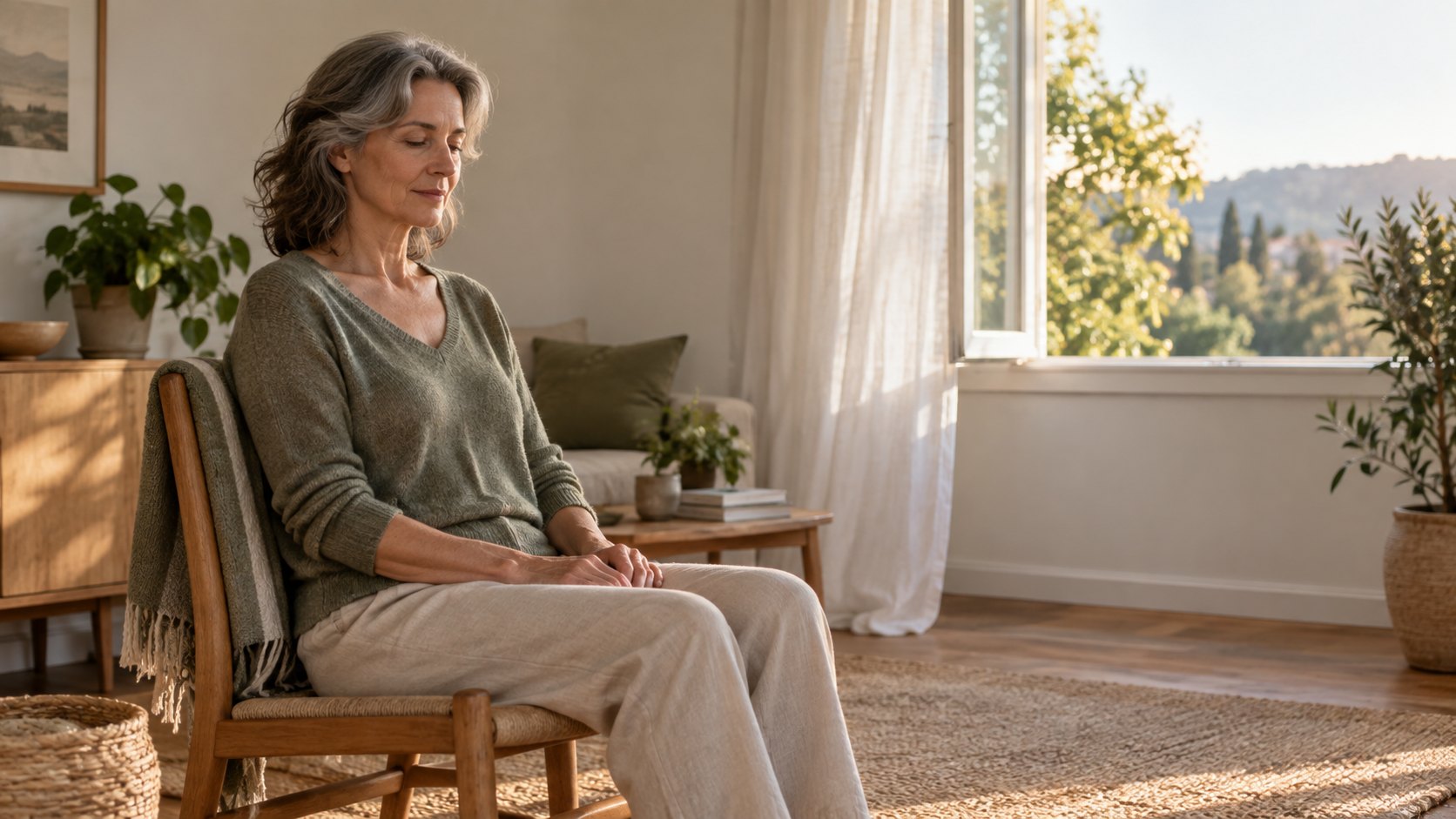 An adult practices a quiet seated breathing exercise beside a window.
