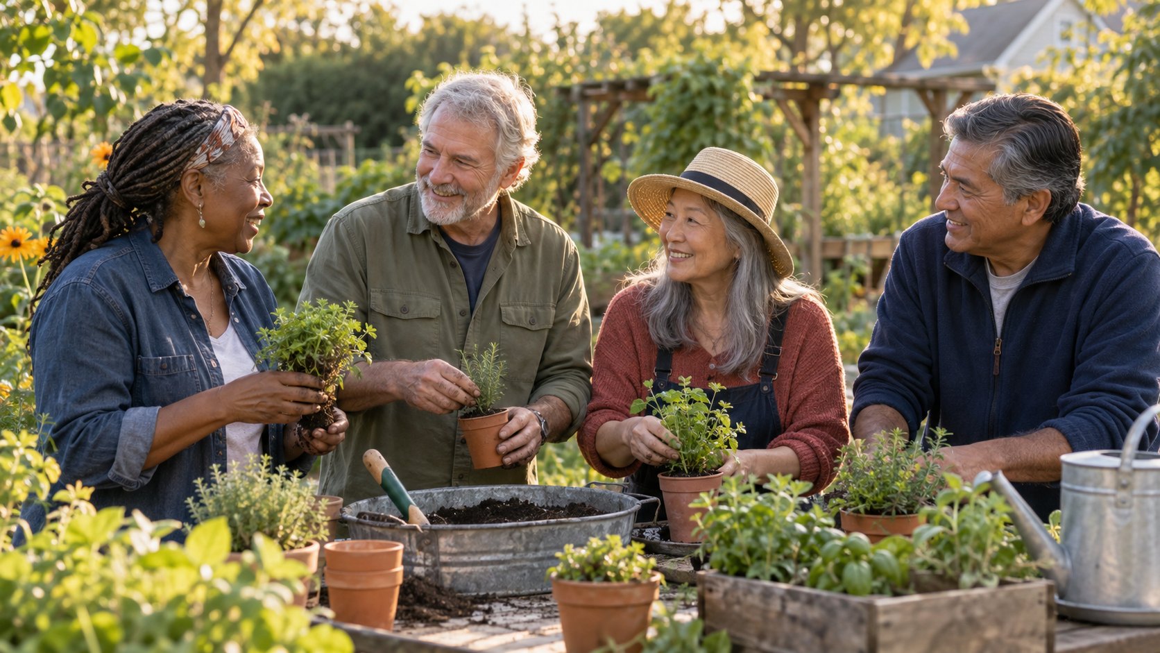 Four adults work together in a community garden.